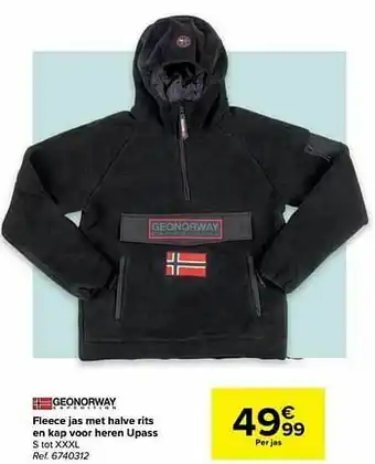 Carrefour Fleece jas met halve rits en kap voor heren upass aanbieding