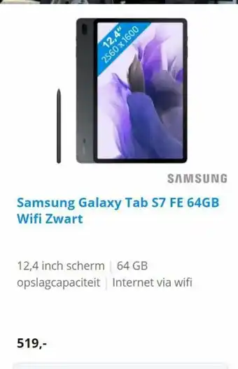 Coolblue Samsung Galaxy Tab S7 FE 64GB Wifi Zwart 12,4 inch scherm aanbieding