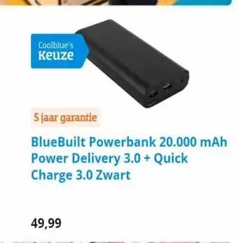 Coolblue BlueBuilt Powerbank 20.000 mAh Power Delivery 3.0+Quick Charge 3.0 Zwart aanbieding