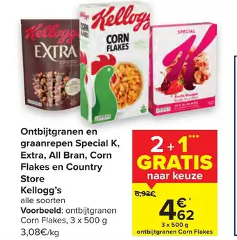 Carrefour Ontbijtgranen en graanrepen Special K, Extra, All Bran, Corn Flakes en Country Store Kellog's 3 x 500g aanbieding
