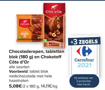 Carrefour Chocoladerepen, tabletten blok 180g en Chokotoff Cote d'Or aanbieding