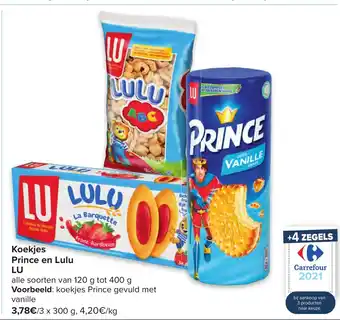 Carrefour Koekjes Prince en Lulu Lu 120g aanbieding