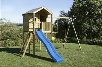 BnB Wood schommel met speelhuisje Lucas en blauwe glijbaan