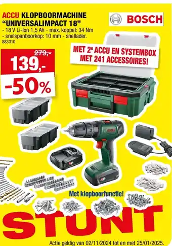 Hubo ACCU KLOPBOORMACHINE “UNIVERSALIMPACT 18” aanbieding