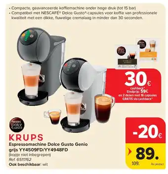 Carrefour Espressomachine Dolce Gusto Genio grijs YY4509FD/YY4948FD aanbieding