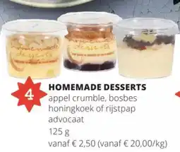 Spar Homemade desserts appel crumble, bosbes honingkoek of rijstpap advocaat aanbieding