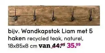 Wandkapstok liam met 5 haken 18x85x8 cm