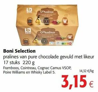 Colruyt Boni selection pralines van pure chocolade gevuld met likeur aanbieding