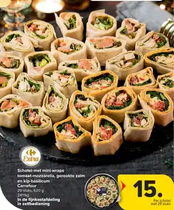 Carrefour Market Schotel met mini-wraps tomaat-mozzarella, gerookte zalm en kip-basilicum aanbieding