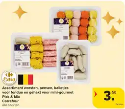 Carrefour Market Assortiment worsten pensne balletjes voor fondue en gehakt voor mini gourmet pick & mix aanbieding