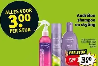 Kruidvat Andrélon shampoo en styling spray pink heat protect 200ml aanbieding