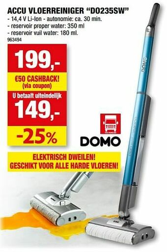 Hubo Domo elektro accu vloerreiniger do235sw aanbieding
