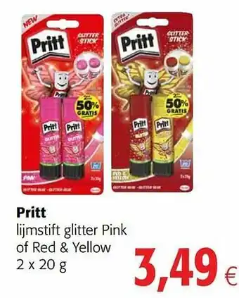 Colruyt Pritt lijmstift glitter pink of red + yellow aanbieding