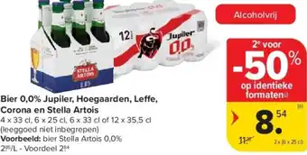 Carrefour Bier 0,0% jupiler, hoegaarden, le e, corona en stella artois aanbieding