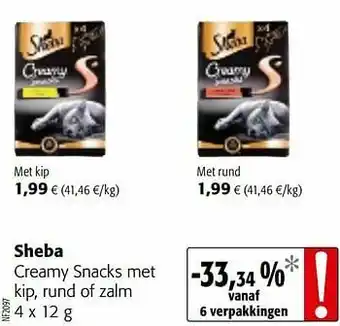 Colruyt Sheba creamy snacks met kip, rund of zalm aanbieding