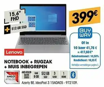 Electro Depot Lenovo notebook + rugzak + muis inbegrepen ideapad 3 15ada05 aanbieding