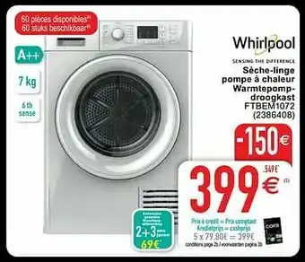 Cora Whirlpool sèche-linge pompe à chaleur warmtepompdroogkast ftbem1072 aanbieding