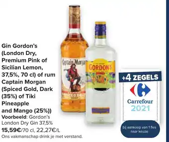 Carrefour Gin Gordon's (London Dry, Premium Pink of Sicilian Lemon, 37.5%, 70 cl) of rum Captain Morgan (Spiced Gold, Dark (35%) of Tik aanbieding