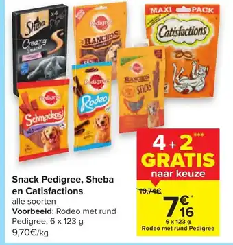 Carrefour Snack Pedigree, Sheba en Catisfactions 6x123g aanbieding