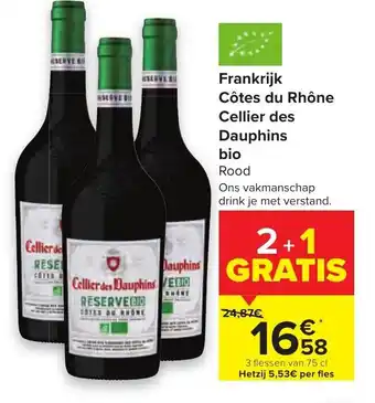 Carrefour Frankrijk Cotes du Rhone Cellier des Dauphins bio aanbieding
