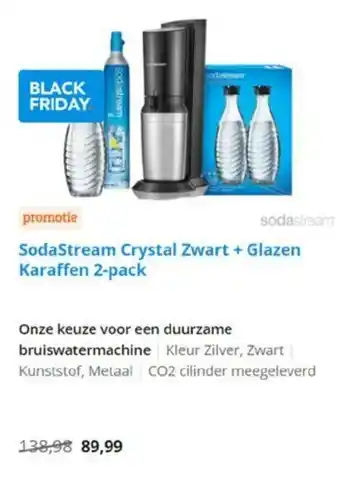 Coolblue SodaStream Crystal Zwart + Glazen Karaffen 2-pack aanbieding