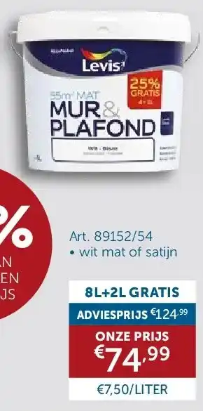 Zelfbouwmarkt LEVIS MUUR & PLAFOND VERF 8L+2L GRATIS aanbieding