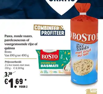 Delhaize Pasta. ronde toasts, parelcouscous of voorgestoomde rijst of quinoa 100g aanbieding