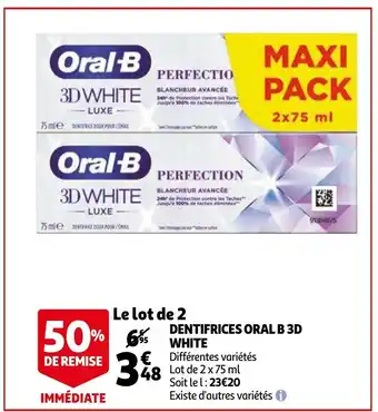 Auchan Dentifrices oral b 3D white 2x75ml aanbieding