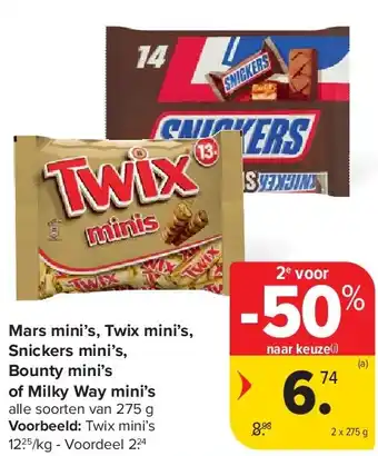 Carrefour Mars mini’s, Twix mini’s, Snickers mini’s, Bounty mini’s of Milky Way mini’s aanbieding