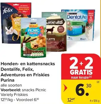 Carrefour Honden- en kattensnacks Dentalife, Felix, Adventuros en Friskies Purina aanbieding