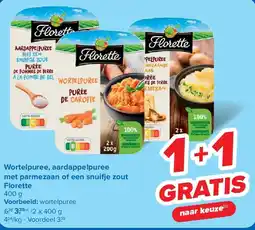 Carrefour Wortelpuree, aardappelpuree met parmezaan of een snui e zout Florette aanbieding