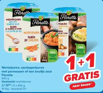 Carrefour Wortelpuree, aardappelpuree met parmezaan of een snui e zout Florette aanbieding