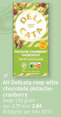 Albert Heijn AH Delicata reep witte chocolade pistache cranberry aanbieding