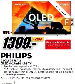 MediaMarkt PHILIPS 650LED759/12 OLED 4K Ambilight TV aanbieding