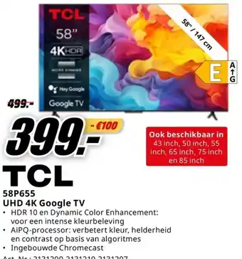 MediaMarkt TCL 58P655 UHD 4K Google TV aanbieding