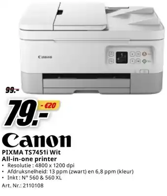 MediaMarkt Canon PIXMA TS7451i Wit All-in-one printer aanbieding