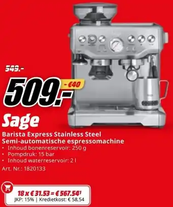 MediaMarkt Sage Barista Express Stainless Steel Semi-automatische espressomachine Inhoud bonenreservoir: 250 g aanbieding