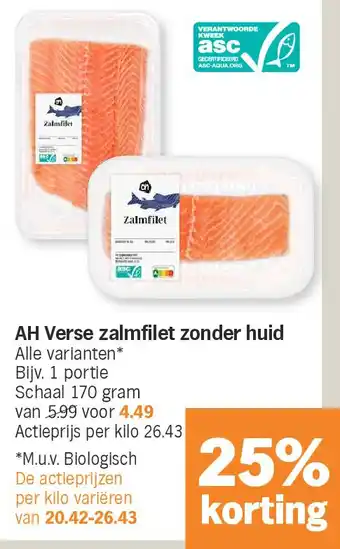 Albert Heijn AH Verse zalmfilet zonder huid aanbieding