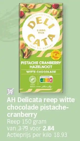 Albert Heijn AH Delicata reep witte chocolade pistachecranberry aanbieding