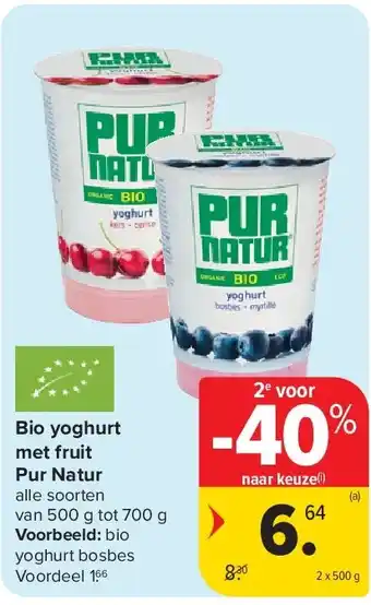 Carrefour Bio yoghurt met fruit Pur Natur aanbieding