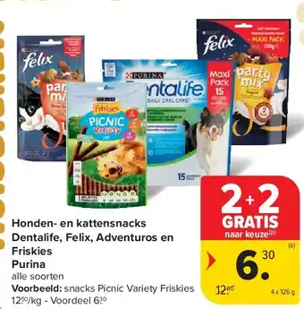 Carrefour HUISDIERENHOEKJE Honden- en kattensnacks Dentalife, Felix, Adventuros en Friskies Purina aanbieding