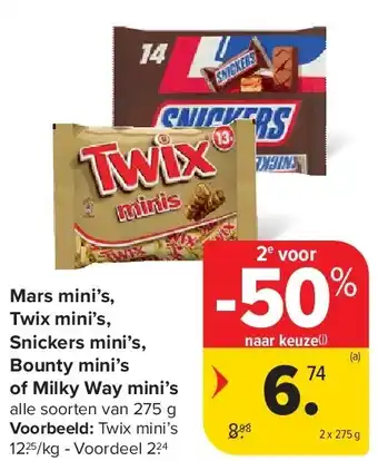 Carrefour Mars mini’s, Twix mini’s, Snickers mini’s, Bounty mini’s of Milky Way mini’s aanbieding