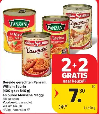 Carrefour Bereide gerechten Panzani, William Saurin (400 g tot 840 g) en puree Mousline Maggi aanbieding