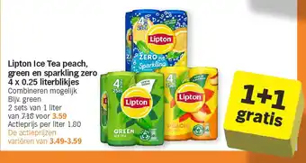 Albert Heijn Lipton Ice Tea peach, green en sparkling zero 4 x 0.25 literblikjes aanbieding