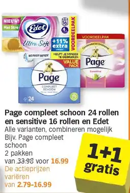 Albert Heijn Page compleet schoon 24 rollen en sensitive 16 rollen en Edet aanbieding