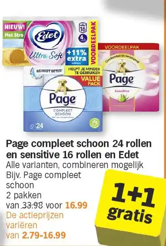 Albert Heijn Page compleet schoon 24 rollen en sensitive 16 rollen en Edet aanbieding