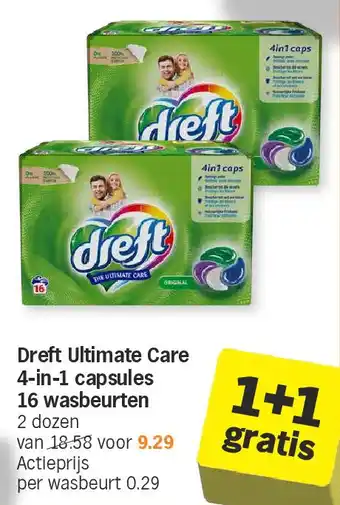 Albert Heijn Dreft Ultimate Care 4-in-1 capsules 16 wasbeurten aanbieding