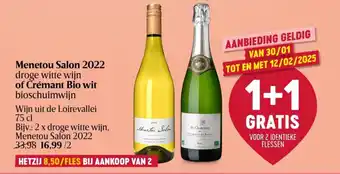 Delhaize Menetou Salon 2022 droge witte wijn of Crémant Bio wit bioschuimwijn aanbieding