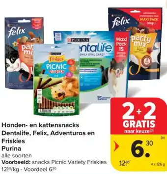 Carrefour Market Honden en kattensnacks dentalife felix adventuros en friskies purina aanbieding