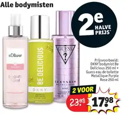 Kruidvat DKNY bodymist Be Delicious 250 ml + Guess eau de toilette Metallique Purple Rose 250 ml aanbieding